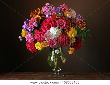 Still Life With A Beautiful Bouquet Of Cultivated Flowers
