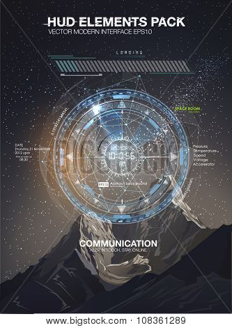 Mobile application HUD interface design. Infographic elements for your projects. Night scenery starry sky and the mountains. Space galaxy futuristic user interface HUD UI UX science background