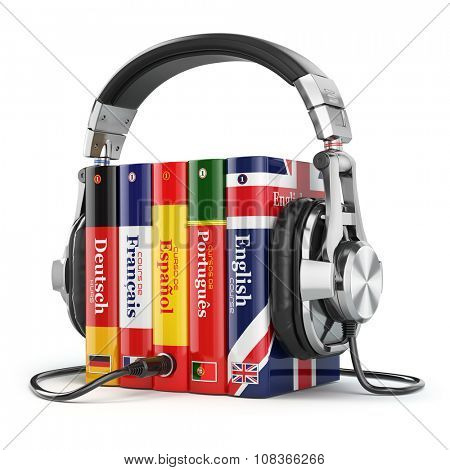 Learning languages online. Audiobooks concept. Books and headphones isolated on white. 3d