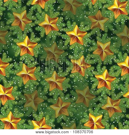 Vintage Seamless Holiday Pattern With Pine Tree Branches And Stars. For Gift Boxes, Wallpapers, Wrap
