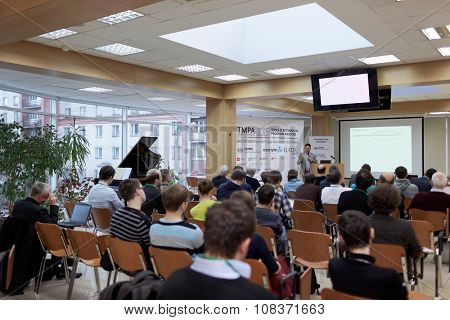 ST. PETERSBURG, RUSSIA - NOVEMBER 13, 2015: Creator of Eiffel programming language Bertrand Meyer at the conference Tools & Methods of Program Analysis in the Saint-Petersburg Polytechnic University