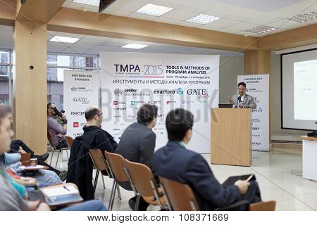 ST. PETERSBURG, RUSSIA - NOVEMBER 13, 2015: Creator of Eiffel programming language Bertrand Meyer at the conference Tools & Methods of Program Analysis in the Saint-Petersburg Polytechnic University