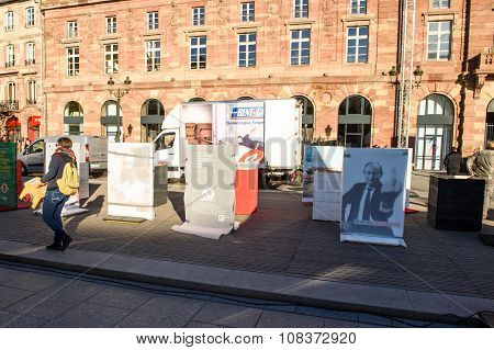 STRASBOURG FRANCE - NOV 16 2015: Reporters Without Borders: Vladimir Putin indecent signage with No freedom of information no voice of opposition - public exibition installation