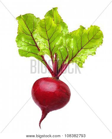 Beetroot with leaves, fresh whole beet isolated on white background