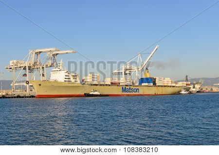 Alameda, CA - March 9, 2015: Oakland Oakland Container Shipyard, San Francisco Bay, the MATSON ship 