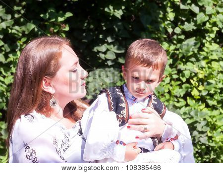 Romanian Woman Peasant Hugging Her Baby Boy