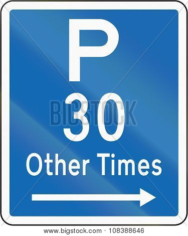New Zealand Road Sign - Parking Permitted At Other Times For A Maximum Time Of 30 Minutes, On The Ri