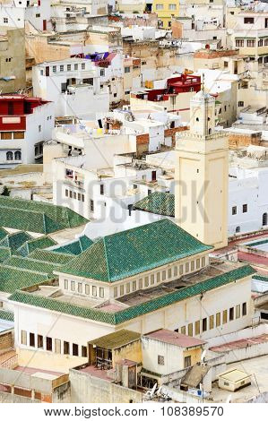 Aerial view of Moulay Idriss, the holy town in Morocco, named after Moulay Idriss I, arrived in 789 bringing the religion of Islam