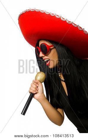 Young attractive woman wearing sombrero on white