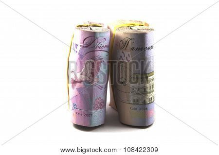 Stacks of money on white background