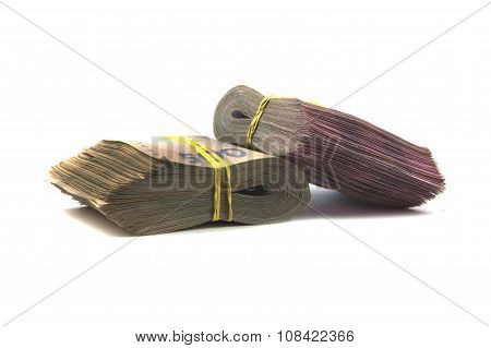 stacks of money on white background
