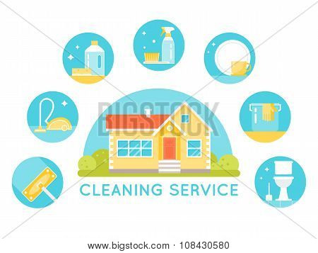 House Surrounded by Cleaning Services Images. Household Cleaning Agents and Tools Round Icons.