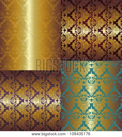 Seamless Floral Golden Pattern On Color Background