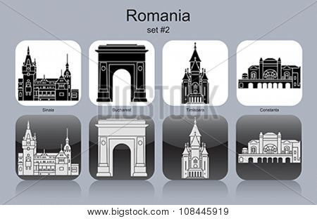 Landmarks of Romania. Set of monochrome icons. Editable vector illustration.