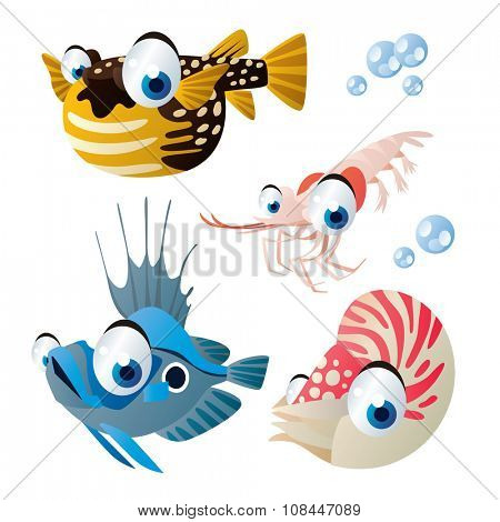 cute vector comic cartoon fish set: collection of sea life animals for children book illustration, flash card games, stickers or mobile applications: puffer fish, shrimp, john dory, nautilus