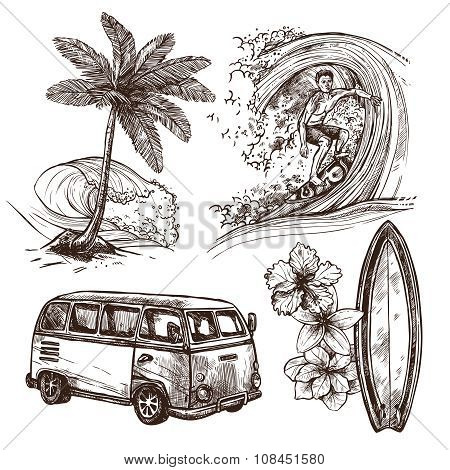 Surfing Sketch Icon Set