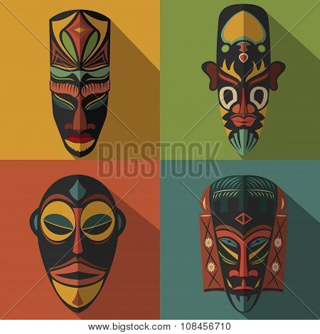 Set Of African Ethnic Tribal Masks On Colour Background
