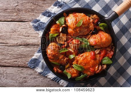 Cacciatori Chicken With Mushrooms In A Pan. Horizontal Top View