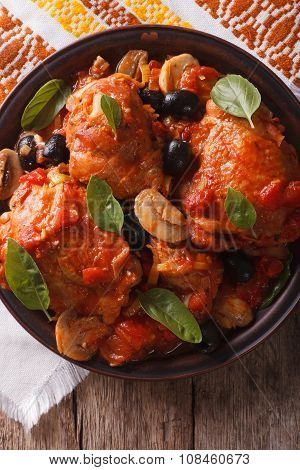 Homemade Cacciatori Chicken On A Plate Close-up. Vertical Top View