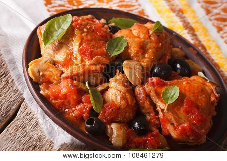 Cacciatori Chicken With Mushrooms On A Plate Close-up. Horizontal