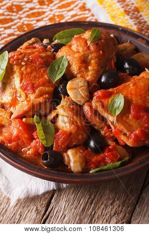 Italian Cuisine: Cacciatori Chicken With Mushrooms Closeup. Vertical