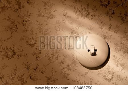 an old wallpaper with light switch. symbolic photo for renovation and remodel.