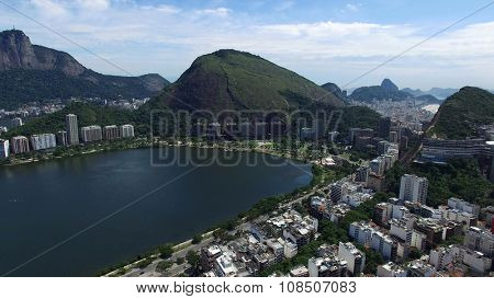 Aerial view of Rodrigo de Freitas Lake in Rio de Janeiro, Brazil.