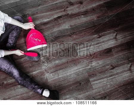 Cleaning Woman Sweeping Wooden Floor