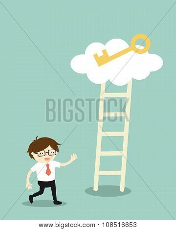 Business concept, Businessman going to climb the ladder for get a golden key. Vector illustration.