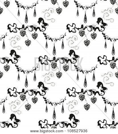 Pendants in the form of heart and drops. Elegant seamless pattern on a white background.