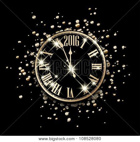 2016 New Year card with clock. Vector paper illustration.