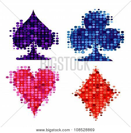 Colorful symbols of playing cards, decorated with small pieces.