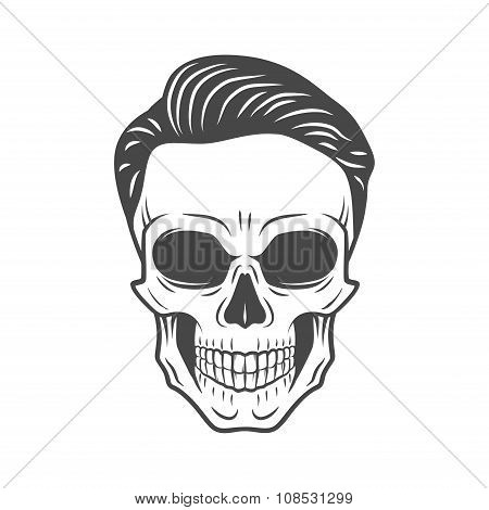 Young stylish skull with hipster hair. Glamour rock skeleton logo template