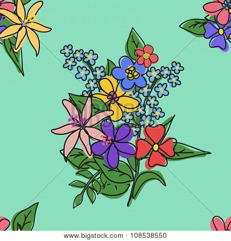 Bright Bouquet Of Flowers On A Green Background Pattern