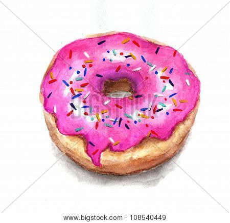 Watercolor Dessert. Watercolor Donut In A Pink Glaze With Rainbow Sugar Sprinkles. Hand Drawn Waterc
