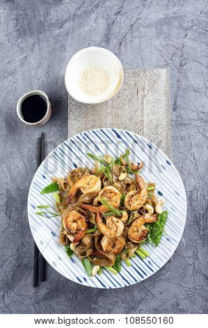 Kingprawns with Rice Noodles and Vegetable on Plate