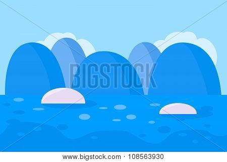 Seamless Landscape of Blue Snowy Mountain Background with Ocean and Ice Berg for Game