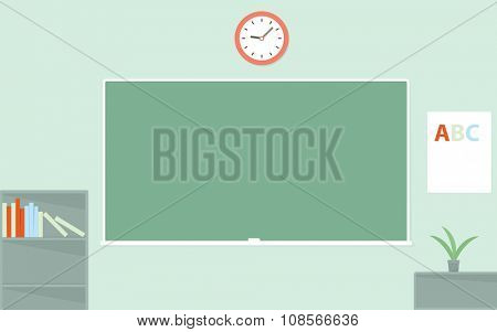 Green chalkboard. Empty schoolroom