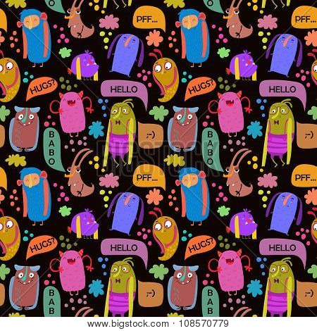 Seamless Vector Pattern With Sweet  Cartoon Monsters And Speech Bubbles. Fabulous Incredible Charact