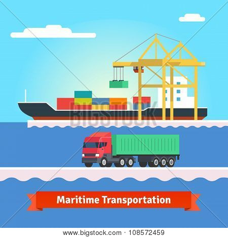 Big container ship being loaded by huge port crane