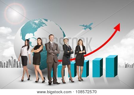 Group of buisnesspeople with earth globe and graph