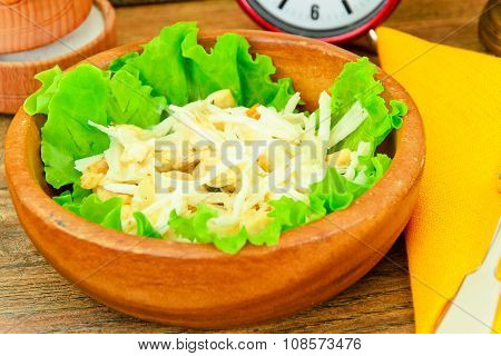 Dietary Salad from Daikon and Chicken. Health Food.