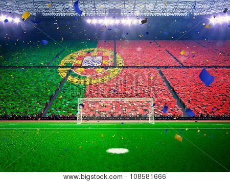 Flag Portugal  of fans. Evening stadium arena Blue