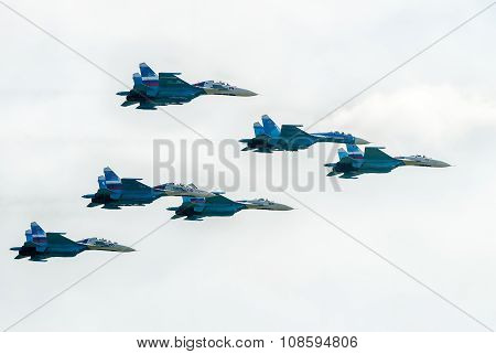 Military fighters SU-27 at demonstrative flight