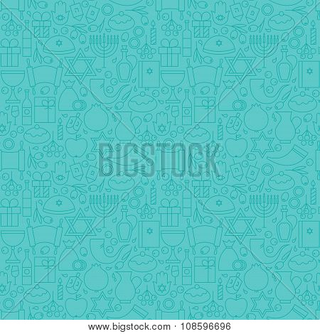 Thin Holiday Line Happy Hanukkah Blue Seamless Pattern