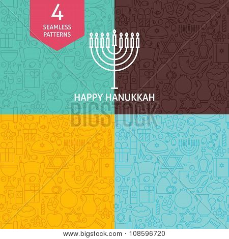 Thin Line Happy Hanukkah Holiday Patterns Set
