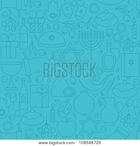 Thin Line Holiday Happy Hanukkah Blue Seamless Pattern