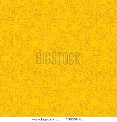 Thin Line Jewish Holiday Happy Hanukkah Seamless Yellow Pattern