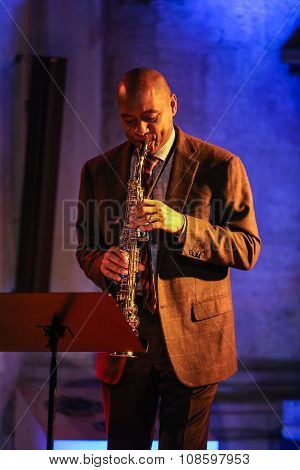 CRACOW POLAND - OCTOBER 29 2015: Branford Marsalis sax playing live music at The Cracow Jazz All Souls Day Festival in Saint Catherine Church. Cracow. Poland