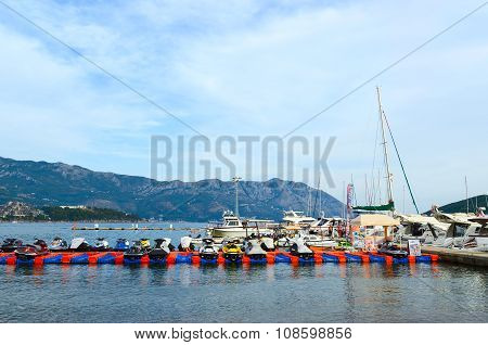 Pleasure Boats And Yachts At The Pier On The Waterfront Of The Resort Of Budva, Montenegro